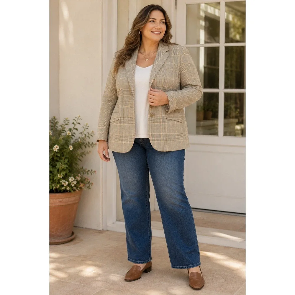 Lands End Blazer Jacket Women 22W Brown Plaid Wool Cashmere Office Academic Work